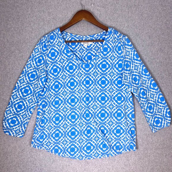Chico's Top Women's 1 Blue White Ikat Print 3/4 Ruche Sleeve V-Neck Stretch - Picture 1 of 9